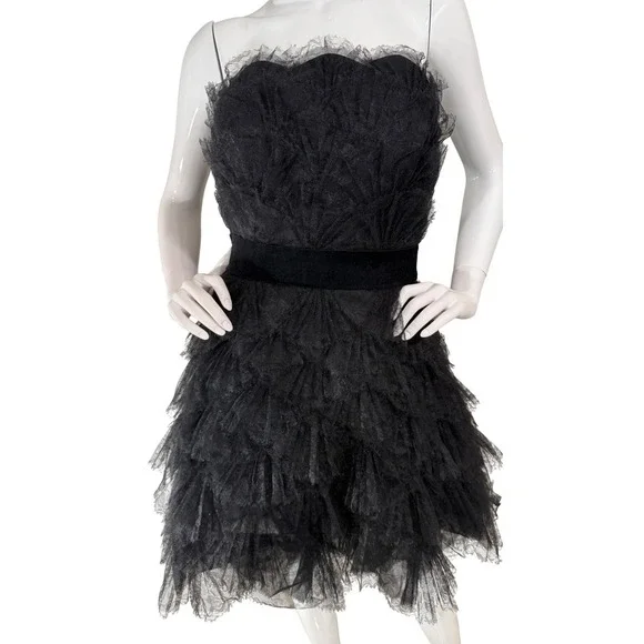 Tadashi Shoji Black Tulle Ruffled Silk Contrast Strapless Bustier Dress Sz 4 - Picture 3 of 12